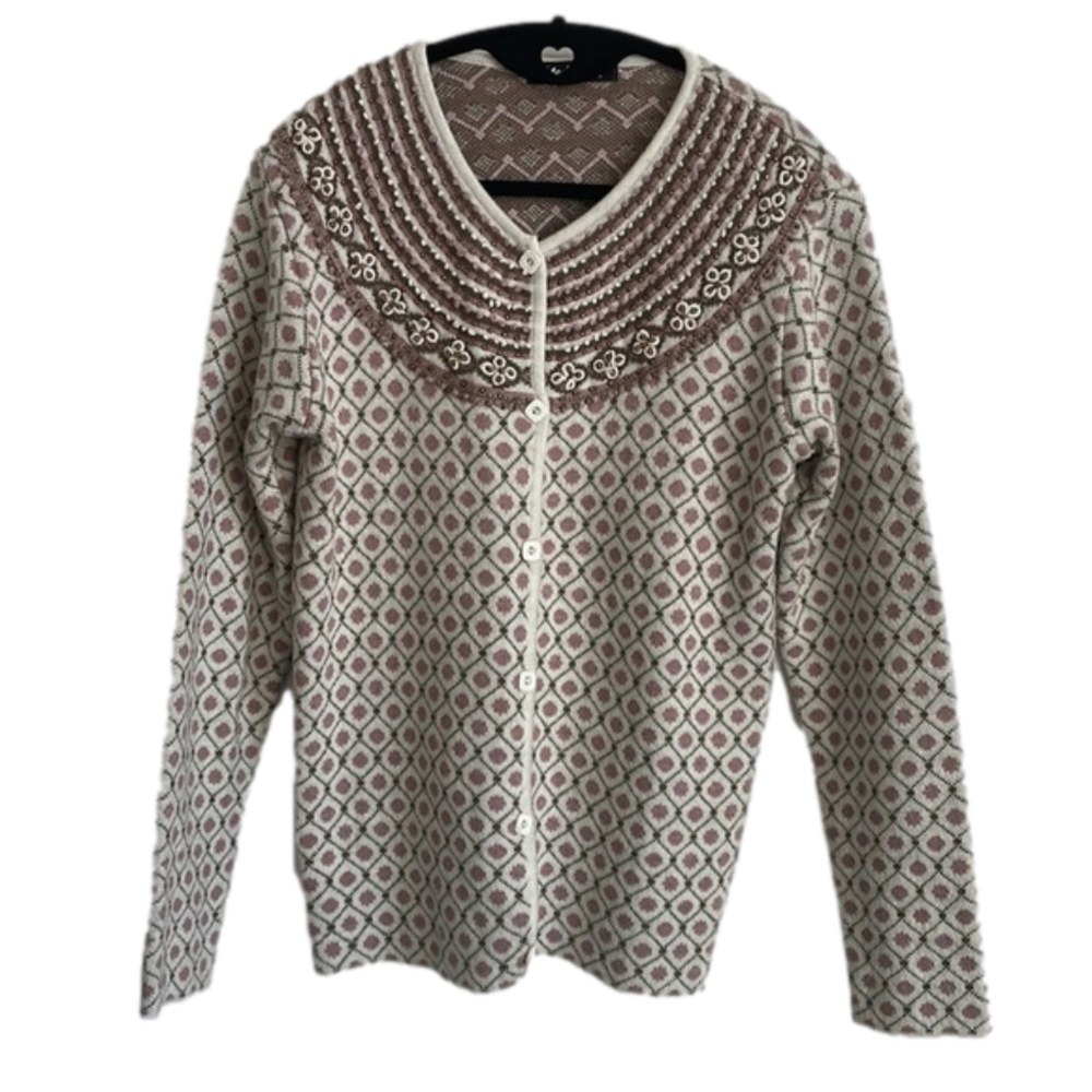 Modyva Fashion Vintage granny Embroidered beaded cream mauve Sweater Woman’s M